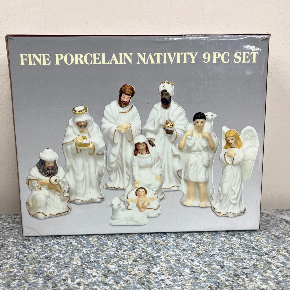 Galleria Nativity Set 9pc Fine Porcelain White Gold Trim Christmas XPN-68 Decor